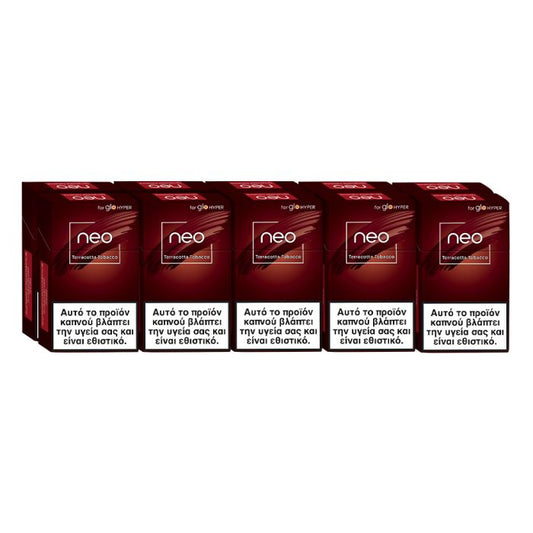 Pack of six red 'neo' boxes with Greek text on a white background
