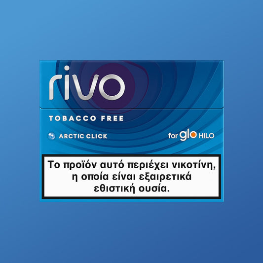 Rivo tobacco-free product packaging on a blue background