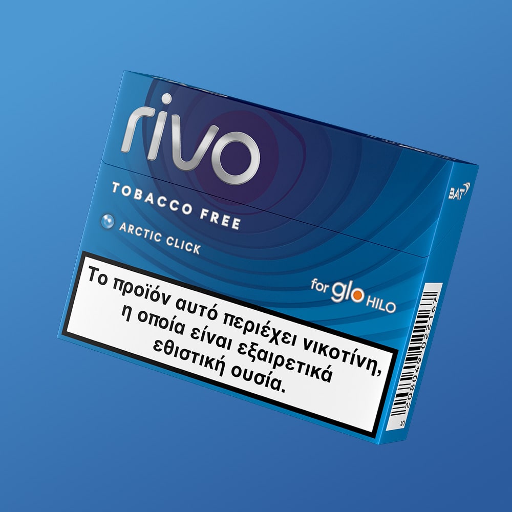 Blue Rivo tobacco-free product packaging on a blue background