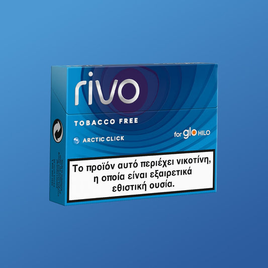 Rivo Arctic Click tobacco-free product packaging on a blue background