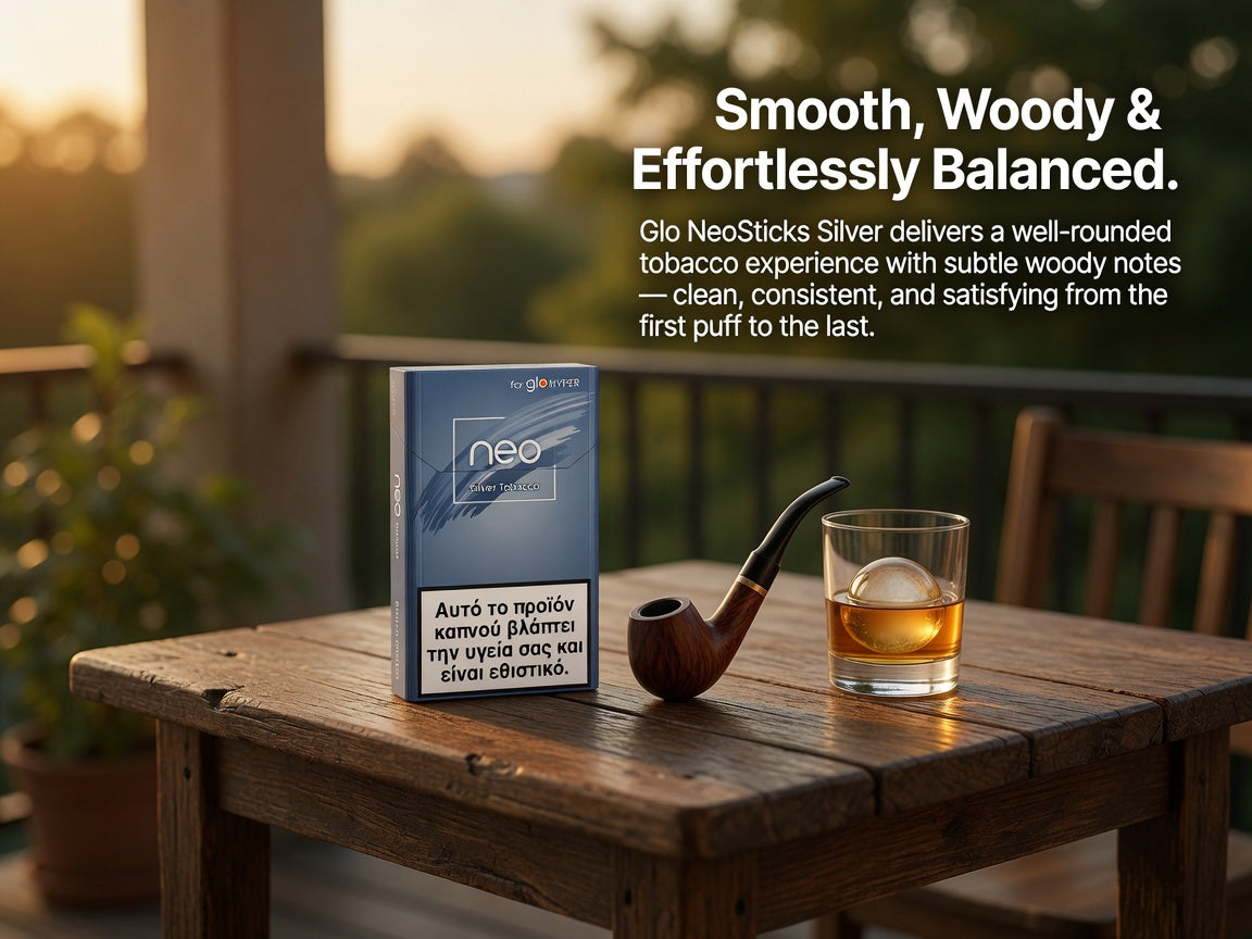 A pack of Glo NeoSticks Silver tobacco pods stands on a rustic wooden table beside a smoking pipe and a glass of amber liquid, with outdoor patio furniture and warm sunset light in the background. White promotional text appears on the right side.