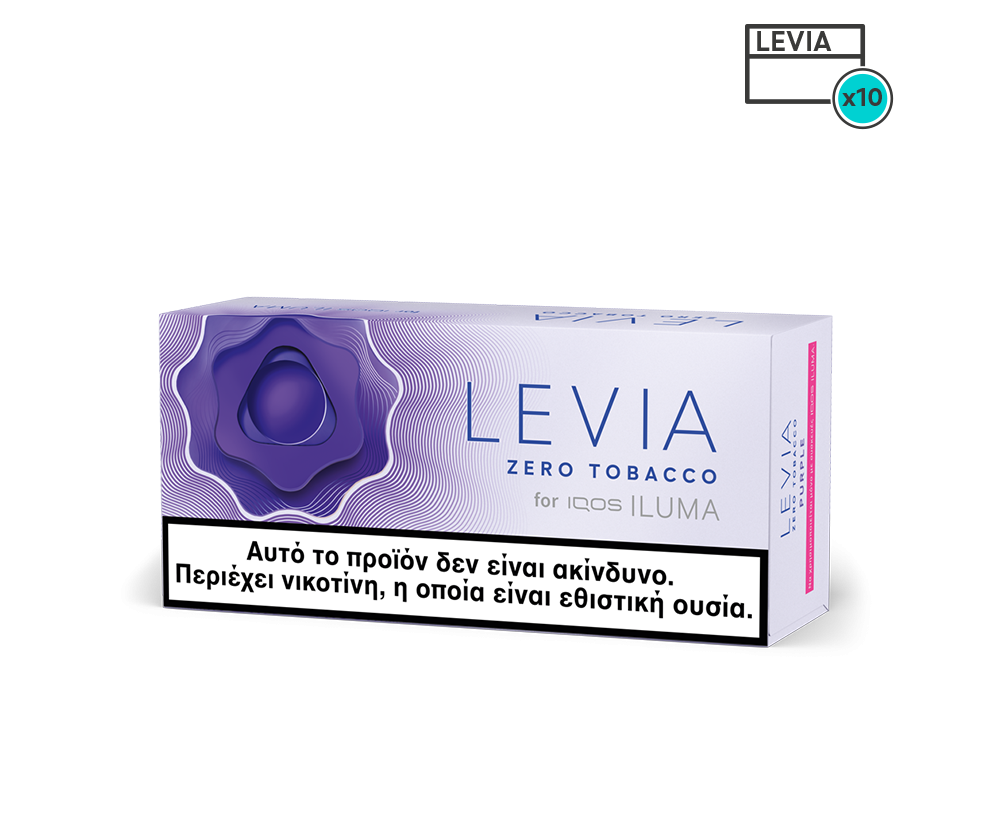New IQOS LEVIA Non Tobacco LEVIA Purple Sticks Levia zero tobacco packaging on a white background