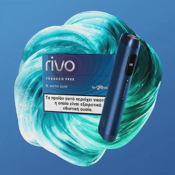 Rivo tobacco-free device and packaging on a blue and green swirl background