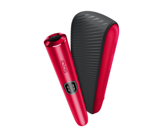 A red and black electronic personal massager shown with its matching red carrying case on a plain white background.