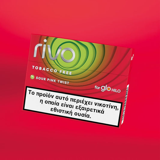 Rivo tobacco-free product packaging on a red background