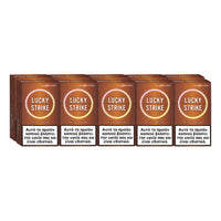 Five Lucky Strike cigarettes boxes on a white background