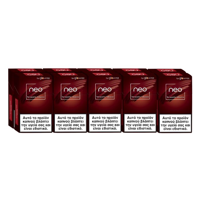 Pack of six red 'neo' boxes with Greek text on a white background