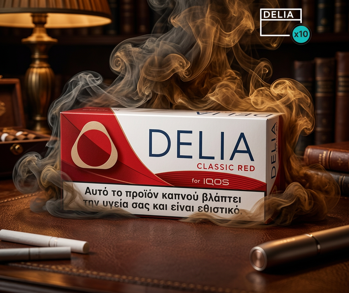 Delia Classic Red packaging for IQOS on a wooden surface with smoke and books in the background.