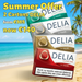 Delia cigarette cartons with a beach and palm tree background, promoting a summer offer.