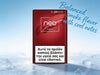 A pack of glo HYPER neo Scarlet cigarettes stands upright on a snowy surface against a light blue sky background. The pack is deep red with white branding and a large health warning label on the lower half.