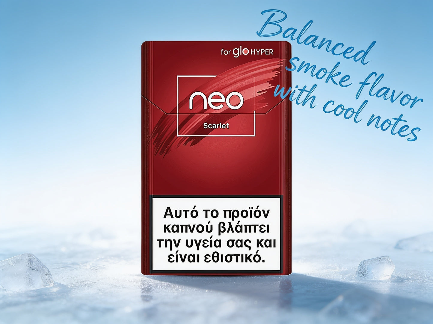 A pack of glo HYPER neo Scarlet cigarettes stands upright on a snowy surface against a light blue sky background. The pack is deep red with white branding and a large health warning label on the lower half.