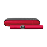 Red and black IDQS portable battery pack and its matching carrying case, shown against a plain white background.