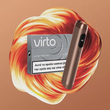 Virto vaping device and packaging on a swirling orange and yellow background
