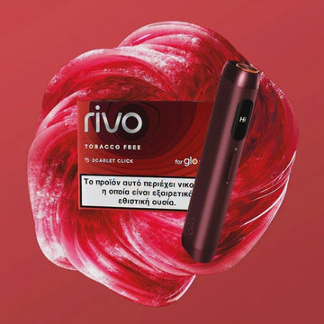Rivo tobacco-free vaping device with packaging on a red background