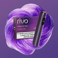 Rivo tobacco-free device with packaging on a purple background