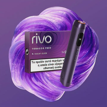 Rivo tobacco-free device with packaging on a purple background