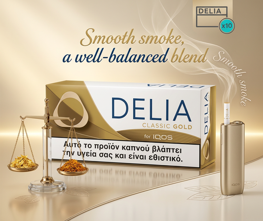 Delia Classic Gold packaging for IQOS with a balanced scale and gold accents on a beige background.