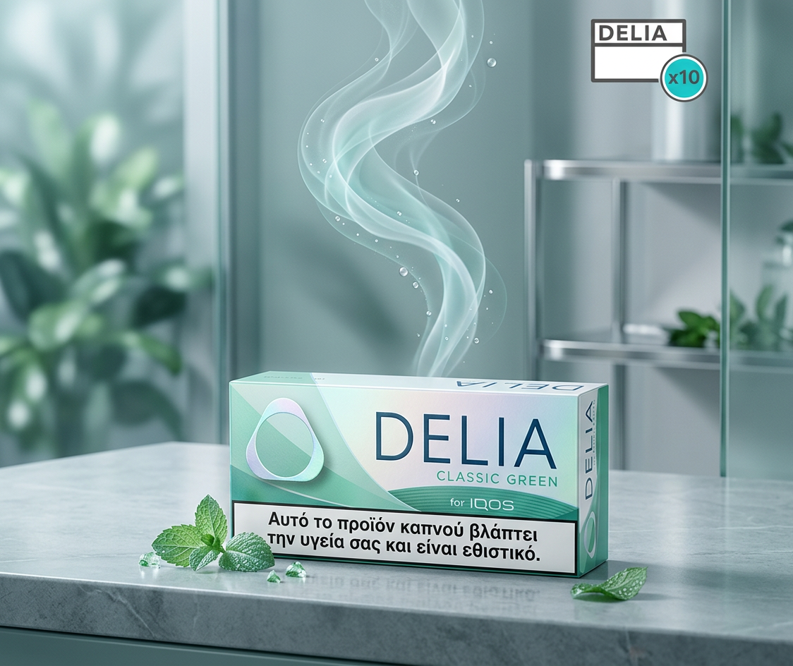 Box of Delia Classic Green dental floss on a marble surface with a blurred background