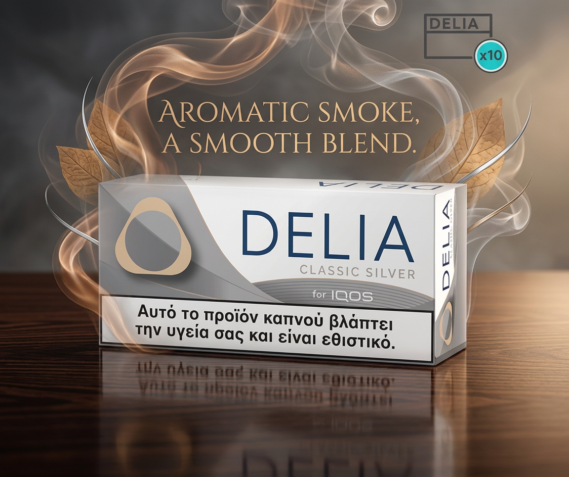 Delia Classic Silver IQOS device packaging with aromatic smoke and leaves on a reflective surface.