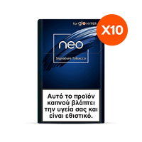 Pack of neo Signature Tobacco with a red circle and 'X10' text on a clear background