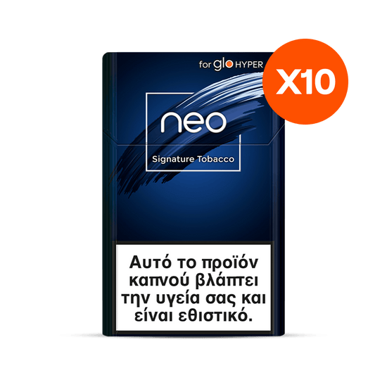 Pack of neo Signature Tobacco with a red circle and 'X10' text on a clear background