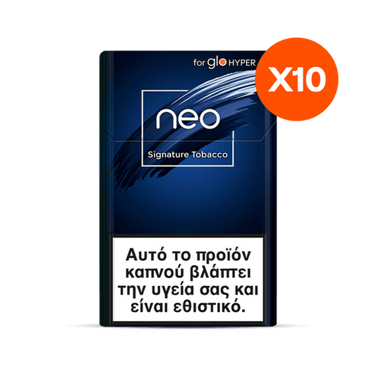 Pack of neo Signature Tobacco with a red circle and 'X10' text on a clear background