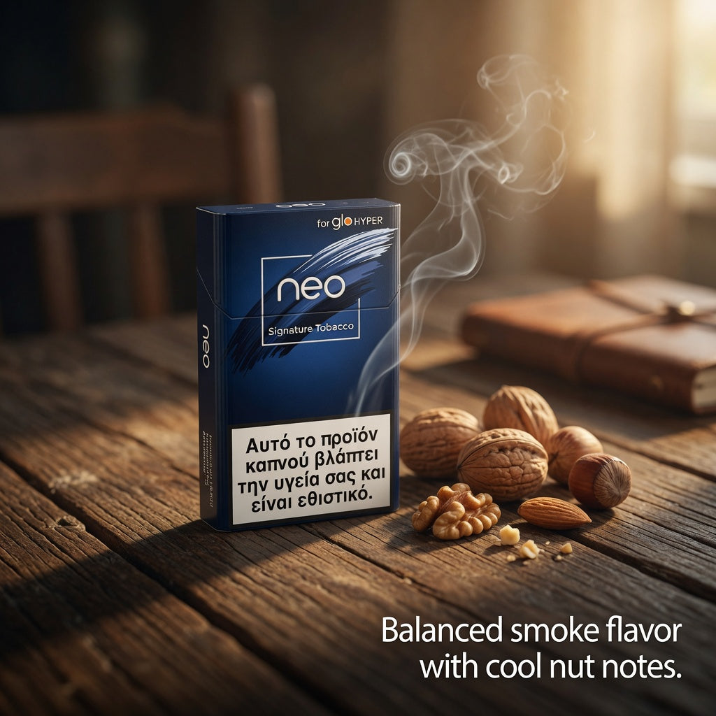 A pack of Neo Signature Tobacco is displayed on a rustic wooden table with scattered walnuts and almonds, accompanied by a digital smoke effect. The background is a warm, blurred interior setting with a book, and text at the bottom reads 'Balanced smoke flavor with cool nut notes.