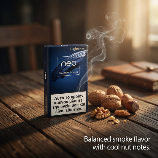 A pack of Neo Signature Tobacco is displayed on a rustic wooden table with scattered walnuts and almonds, accompanied by a digital smoke effect. The background is a warm, blurred interior setting with a book, and text at the bottom reads 'Balanced smoke flavor with cool nut notes.