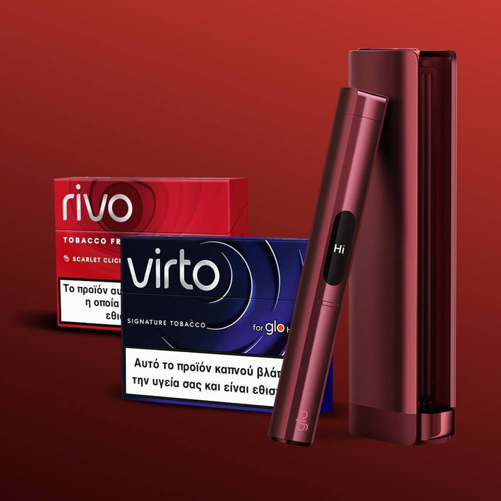 glo HILO Red electronic device next to Rivo and Virto tobacco products on a red background