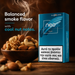 A blue pack of gloHyper neo 'Azure' nicotine pouches stands on a wooden surface next to a bowl of mixed nuts with smoke rising, under the text 'Balanced smoke flavor with cool nut notes.'.