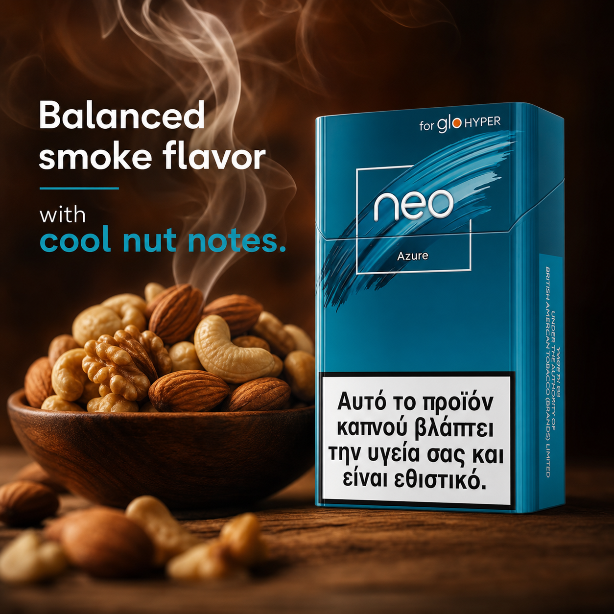A blue pack of gloHyper neo 'Azure' nicotine pouches stands on a wooden surface next to a bowl of mixed nuts with smoke rising, under the text 'Balanced smoke flavor with cool nut notes.'.