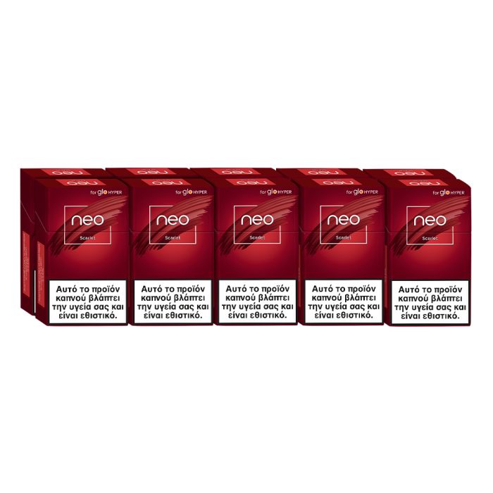 Glo Neo Demi Slims Scarlet Heated Tobacco Red boxes labeled 'neo' with Greek text on a white background