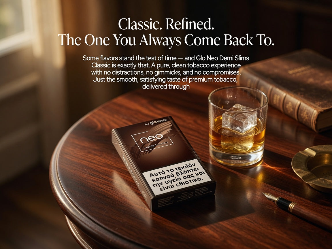 A dark brown pack of Gio Neo Demi Slims cigarettes sits on a polished wooden table next to a glass of whiskey with ice, with a book and pen nearby. White text at the top reads 'Classic.