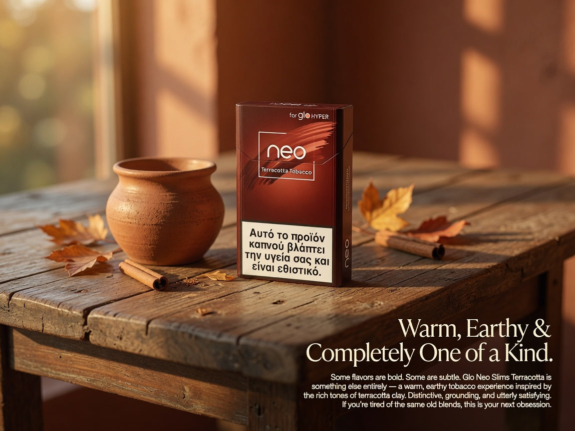 A pack of Neo Terra Nicotine Tobacco (Glo Neo Slimm) stands on a rustic wooden table next to a clay pot and autumn leaves, with a warm, sunlit background. Text overlays describe the product's warm, earthy flavor profile.
