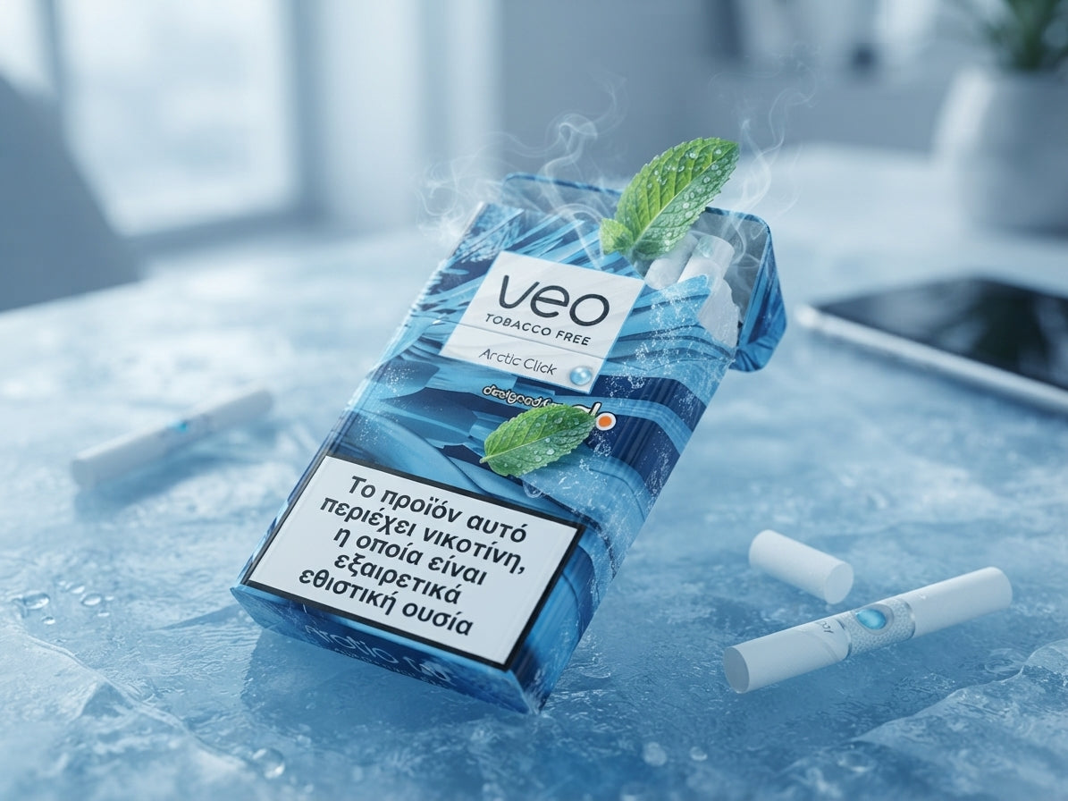 A pack of Veo Tobacco Free Arctic Coke disposable cigarettes in a blue icy pack design with mint leaves, shown on ice with two loose cigarettes and a blurred smartphone in the background.