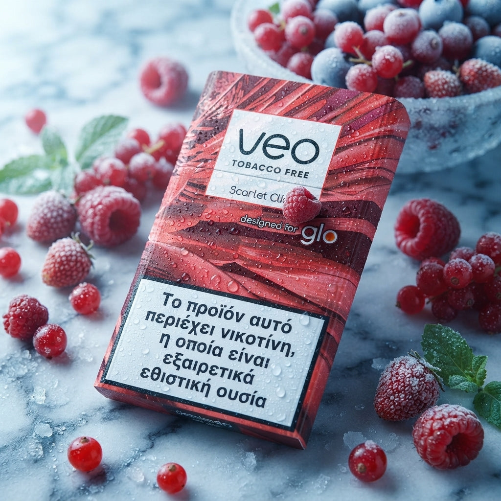 A pack of glo VEO Tobacco Free Scarlet Club nicotine pouches is displayed on a light marble surface, surrounded by fresh red raspberries, some frozen, with a bowl of berries in the background.