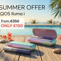 IQOS Iluma i devices on a wooden deck with a pool and palm trees in the background, promoting a summer offer.
