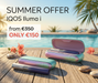 IQOS Iluma i devices on a wooden deck with a pool and palm trees in the background, promoting a summer offer.
