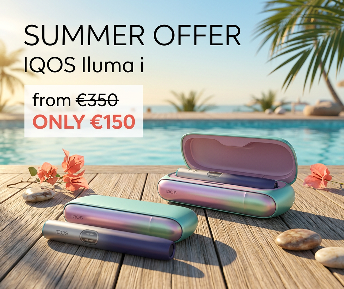 IQOS Iluma i devices on a wooden deck with a pool and palm trees in the background, promoting a summer offer.