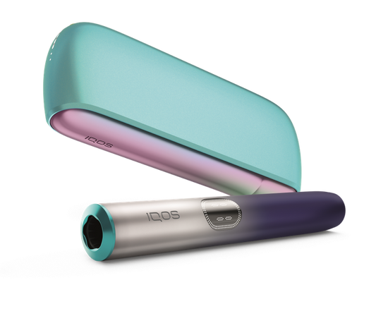 IQOS ILUMA i REMIX Vape device with teal and purple design on a white background