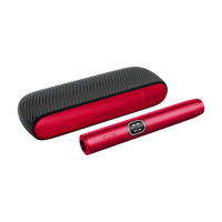 A red and black electronic vape device shown next to its matching textured carrying case on a plain white background.