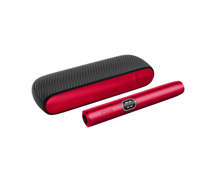 A red and black electronic vape device shown next to its matching textured carrying case on a plain white background.