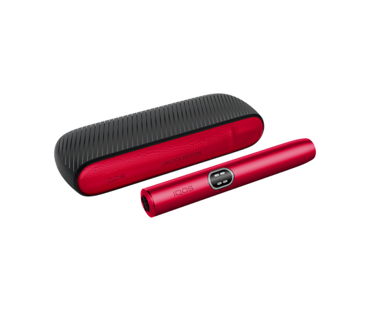 A red and black electronic vape device shown next to its matching textured carrying case on a plain white background.