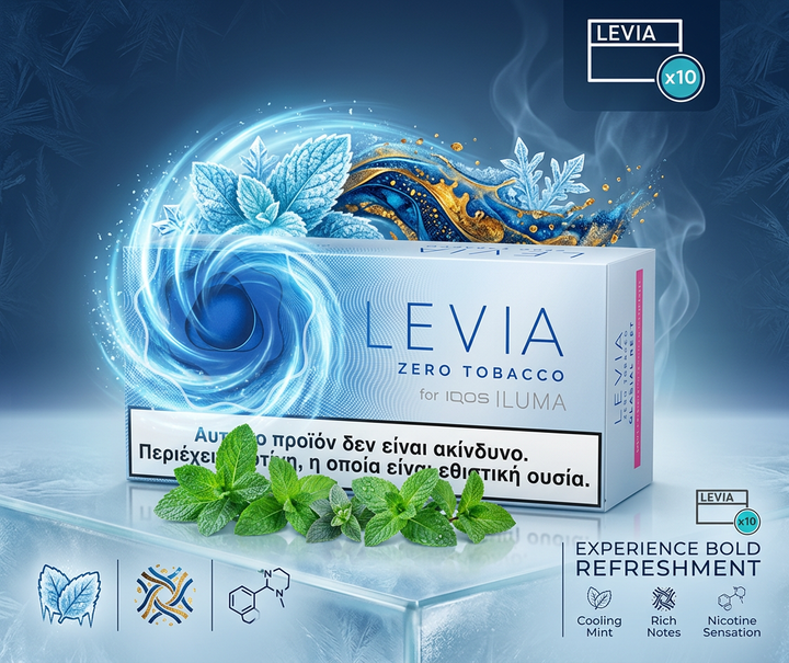 Levia zero tobacco product packaging with mint leaves on a dark background