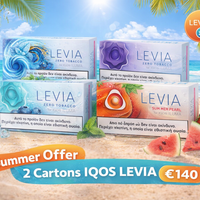 Levia IQOS packages on a beach with promotional text and graphics.