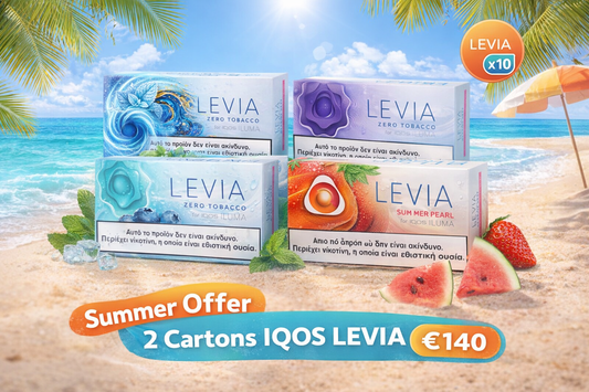 Levia IQOS packages on a beach with promotional text and graphics.