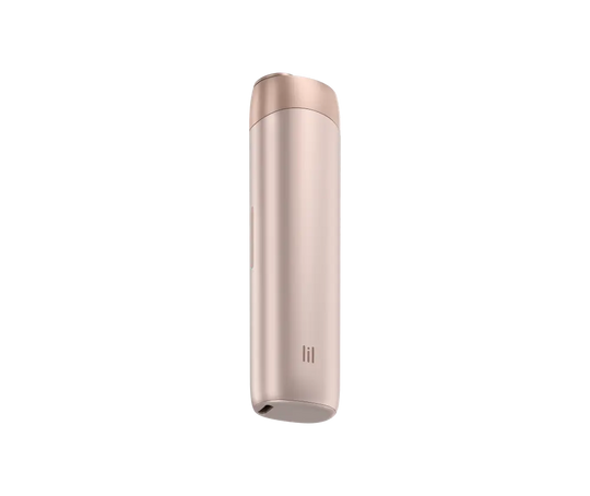 Rose gold cylindrical product with a brand logo on a white background