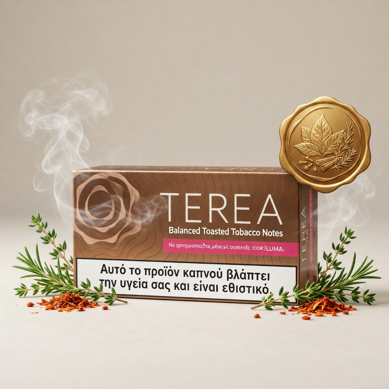 A box of TERA Balanced Toasted Tobacco Notes is shown on a warm beige background with decorative rosemary sprigs, red chili flakes, and a gold wax seal emblem. The box is brown with white text and a pink accent band, with a prominent health warning label on the front.