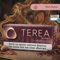 A box of TERA Russet IQOS ILUMA tobacco smokeless product, labeled 'Rich Flavor', displayed on a wooden surface with cinnamon sticks, walnuts, and dried leaves. The background is dark with golden smoke swirls.