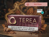 A box of TERA Russet IQOS ILUMA tobacco smokeless product, labeled 'Rich Flavor', displayed on a wooden surface with cinnamon sticks, walnuts, and dried leaves. The background is dark with golden smoke swirls.
